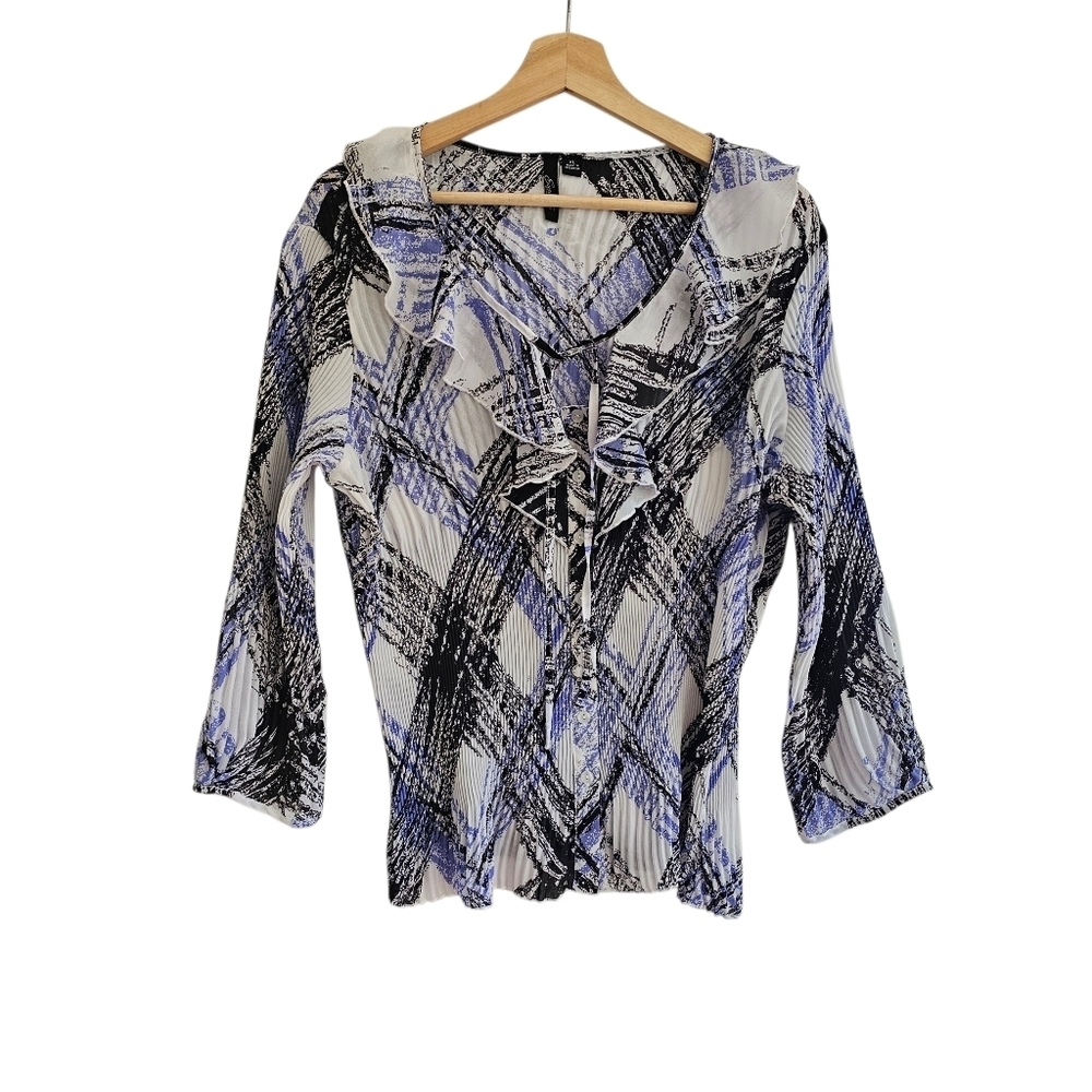 Vintage Y2K Essentials by Milano Plissé Blouse, White Blue Black, Size XL